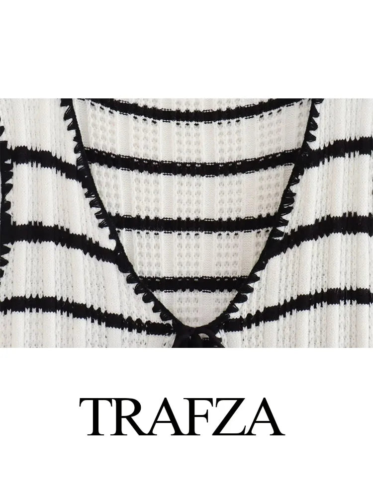 TRAFZA Summer Suits Woman Black And White Striped V-Neck Lace-Up Tops+Knitted High Waist Wide Leg Pants Female 2 Pieces Sets