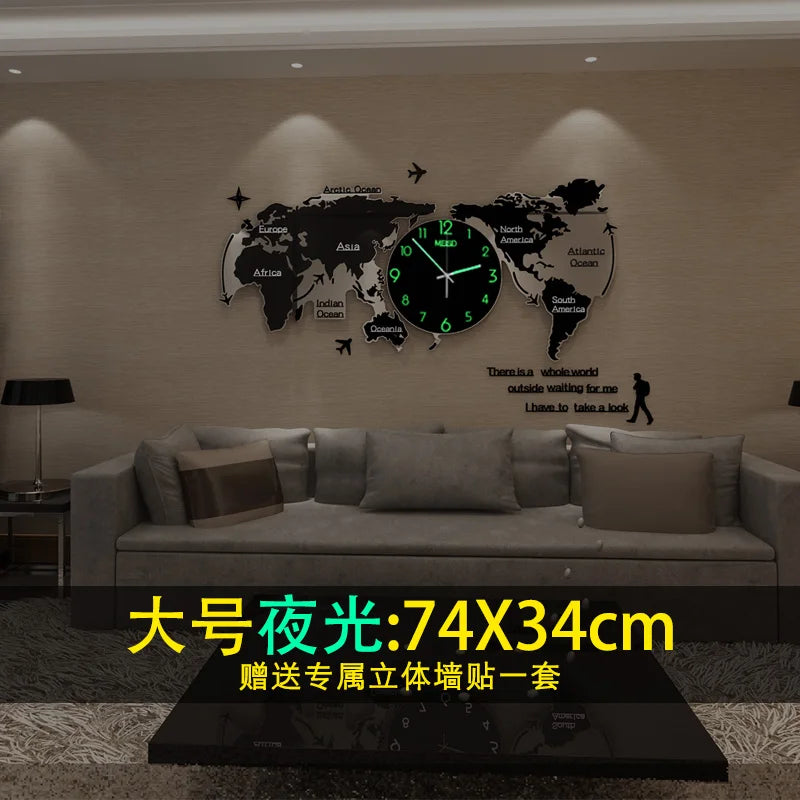 창조적 인 세계지도 대형 벽 시계 현대 아크릴 3D 시계 벽 홈 장식 거실 무음 벽 시계 메커니즘 saat fz592