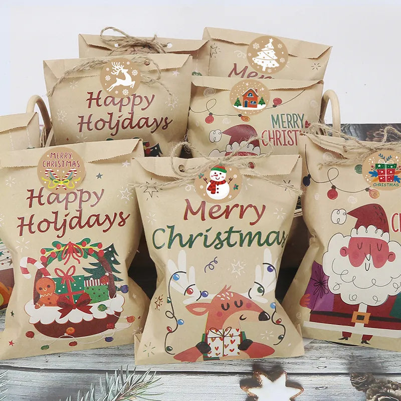24Set Christmas Gift Bag Kraft Paper Bags Santa Claus Snowman Snowman Xmas Party Candy Bag Cookie Xmas Packaging Bag Balping