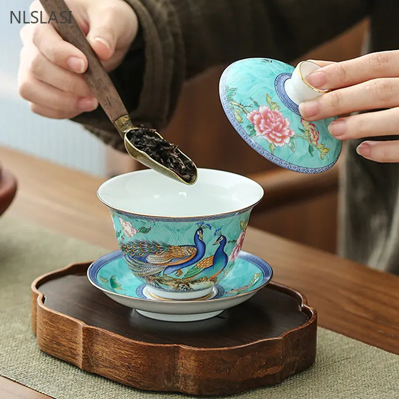180ml jingdezhen seramik gaiwan enamel warna dengan penutup teh cawan sancai mangkuk cina porselin cina set teh infuser teh