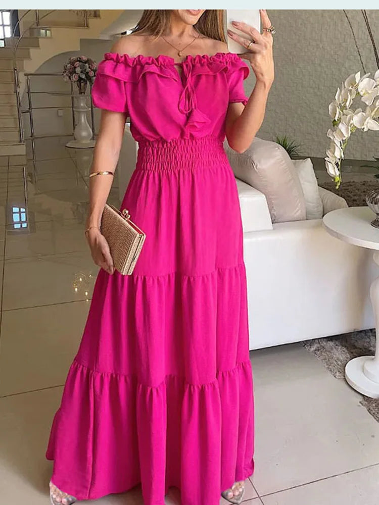 Summer Boho Red Dress Fashion Short Sleeve Beach Long Dress Casual Loose Elegant Holiday Party Dresses For Women Robe Femme 2023