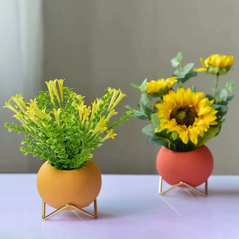 مزهرية زهور صغيرة مجموعة من 3، مزهرية سيراميك حديثة لديكور غرفة المعيشة مزهرية مستديرة أصفر أزرق برتقالي للزهور الصناعية