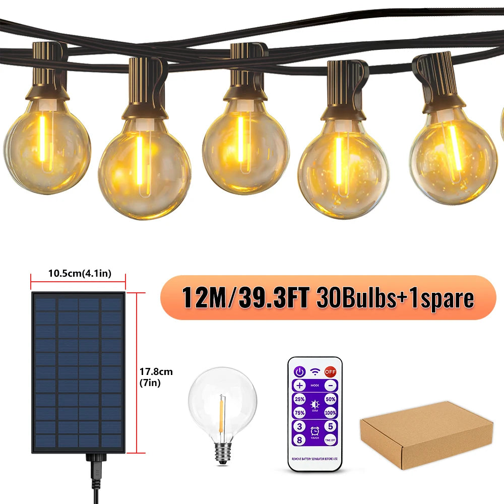 G40 Solar String Outdoor USB Patio LED -lampor, 8 lätta lägen, krossade glödlampor, Terrass Garden Pub Christmas Party Decor