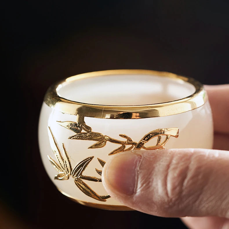 Gold Eingelegtes Jade glasiert Jade Porzellan Gaiwan Tee Tasse Chinesische Kung Fu Tee Set exquisite luxuriöse Sammler -Tee -Set Geschenke