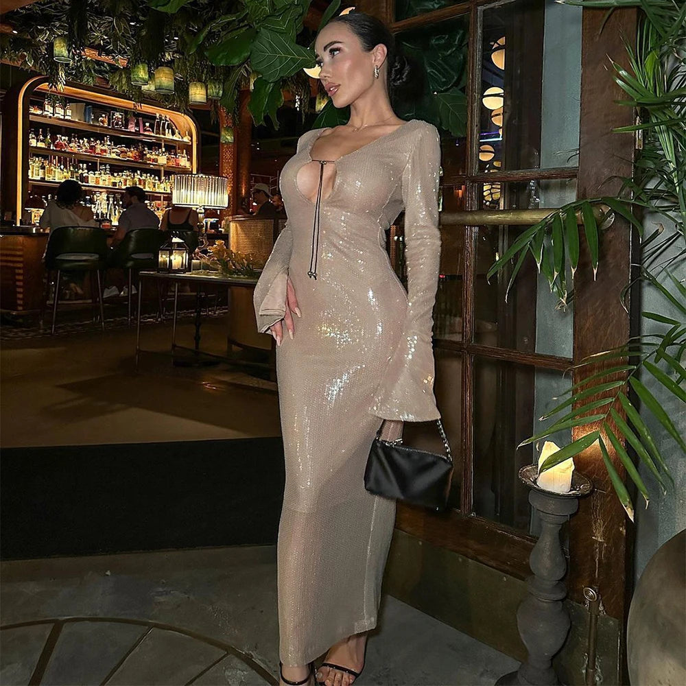 Evening Dress women Elegant Sequins Deep V Long Sleeves Midi Dress Sexy Luxury Backless Lace Up Ankle Length Bandage Party Gown