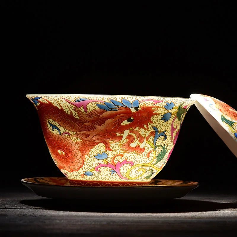Chinese Kungfu Gaiwan Tea Tureen Intricately Designed Dragon and Phoenix Tea Cups with Elegant Ceramic Color Enamel Teaware