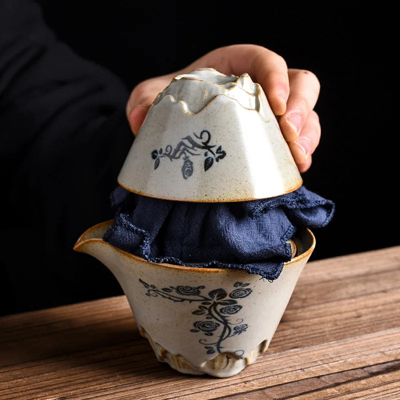 Teh Perjalanan Teh Perjalanan Jepun Set Ivy Flower Seramik Porselin Porselin Set dengan Kes Membawa Teh Teapot Luaran Pantas Teh Teh Teawares