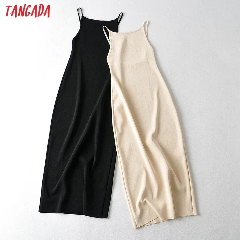 Tangada 2022 Fashion Women Solid Beige Black Backless Sweater Dress Sleeveless O Neck Ladies Midi Dress AI73