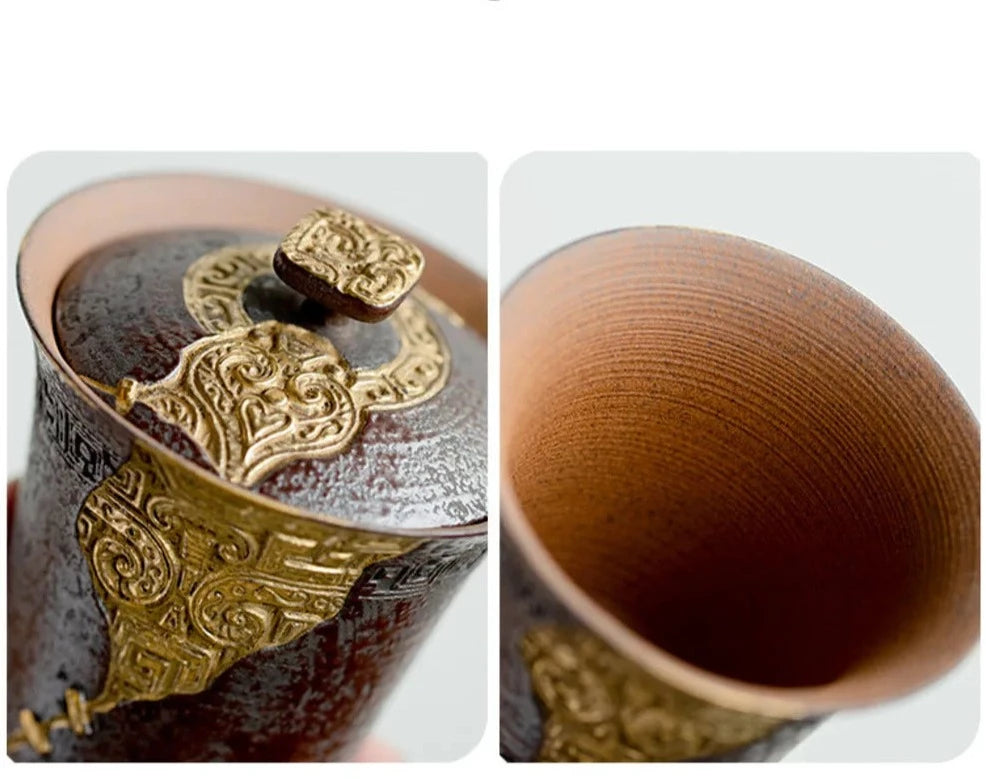 145ml Japanese Old Rock Mud Gaiwan Handmade Embossed Taotie Rust Red Gold Tea Tureen Tea Brewing Cover Bowl for Tea Decoration