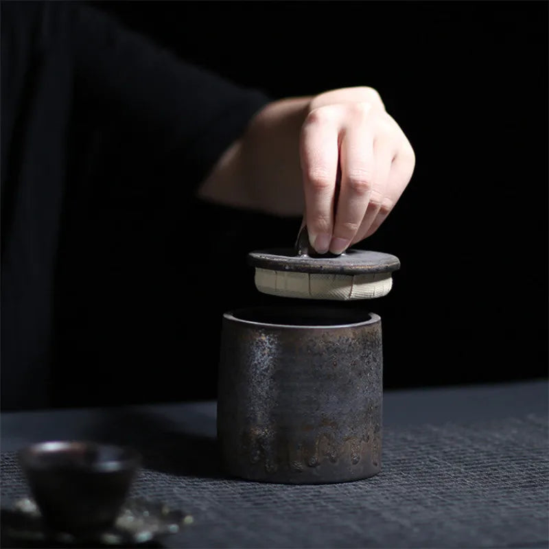 Japansk keramisk förseglad te caddy grov keramik stor vintage krydda burk hushållsgodis lagringstank mat behållare kapsel