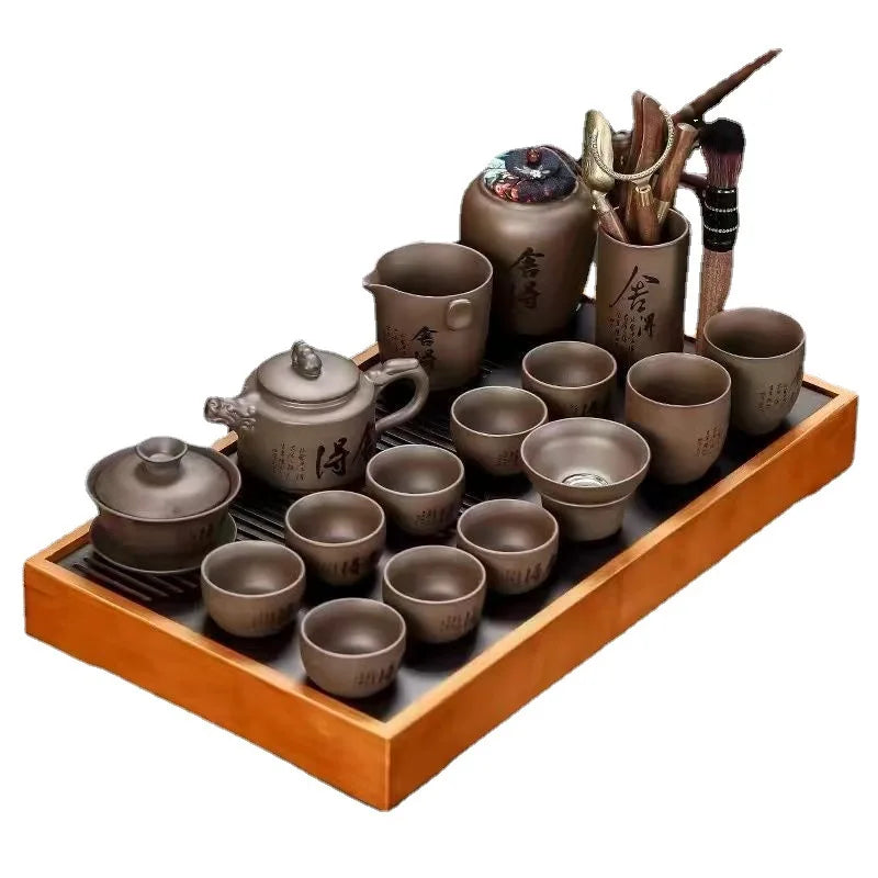 Juego de té de arena morado hecho a mano traje de té de kung fu para el té de té de tetera tetera tazón de té Caja de regalo completa