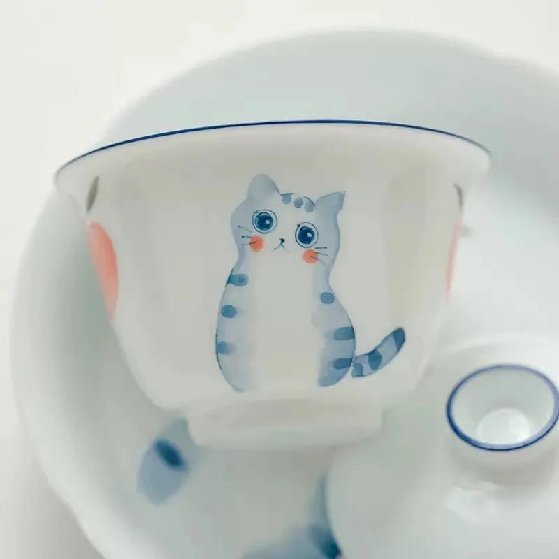 Tangan dicat kucing tureen tunggal seramik gaiwan tureen rumah teh teh mangkuk mangkuk putih porselin putih kung fu teh set gaiwan set