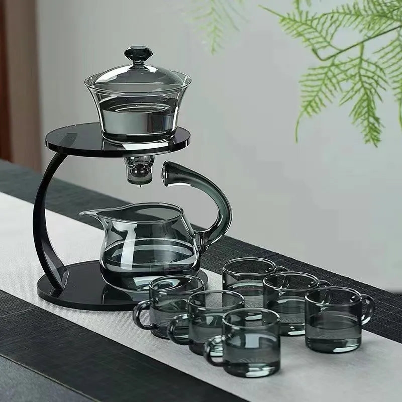 Lämmönkestävä lasi tee-asetettu magneettinen veden siirtäminen pyörivä kannen kulho Automaattinen teevalmistaja Lazy Kungfu-teekannu juominen