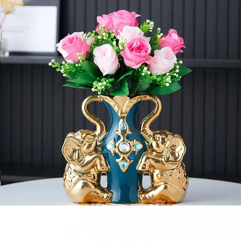 Moderno Double Elephant Swan Cerâmica Vaso Artificial Conjunto de Flores de Flors Clube de Mobiliário Artesanato Decoração de Figuras para Desktop Home
