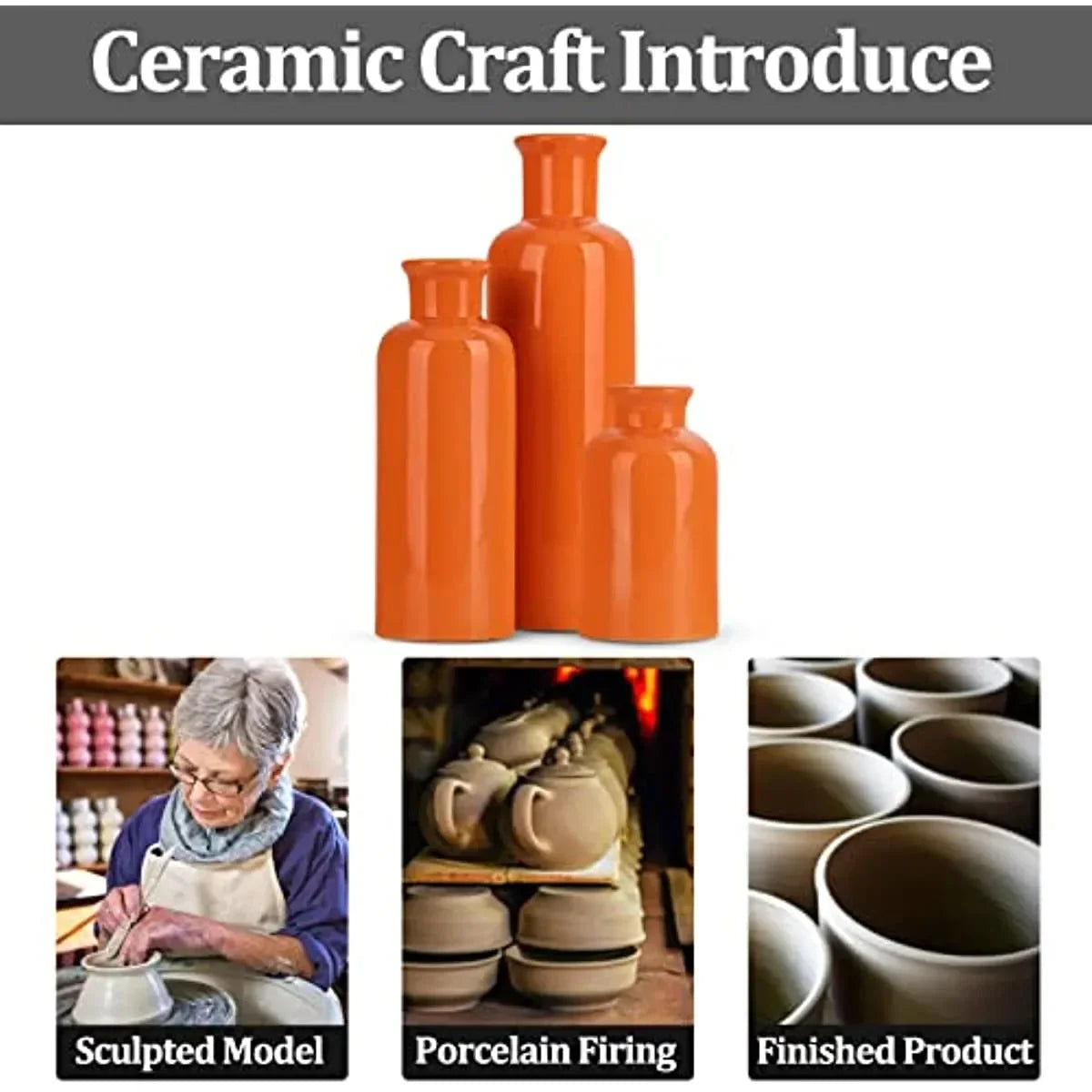 Orange Ceramic Vase Set for 3 Modern Minimalist Decor Boho Vases Farmhouse Home Décor Accents Living Room Centerpieces