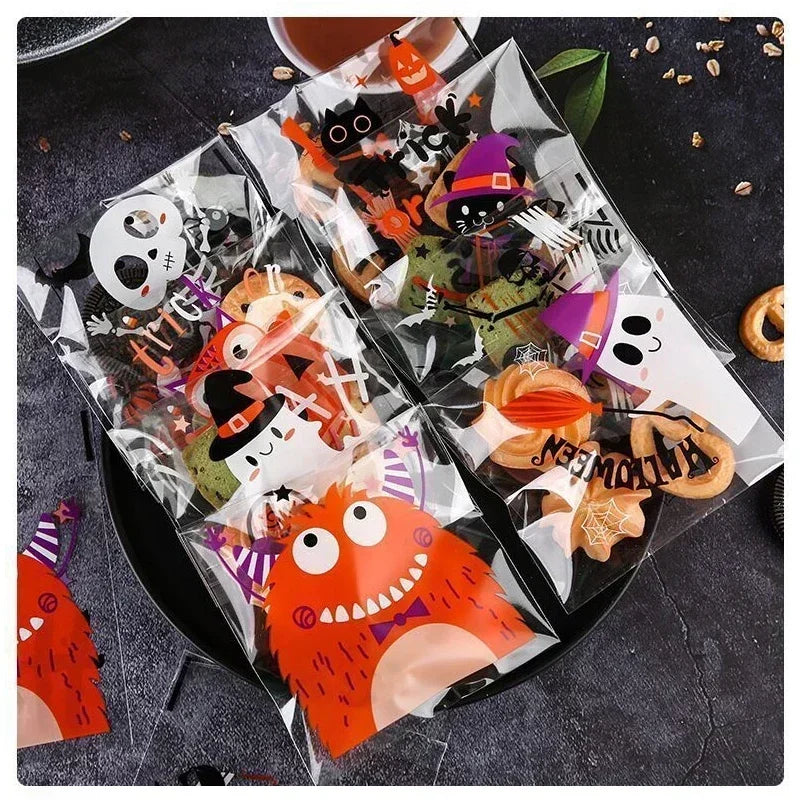 50/100 Pcs 10x10cm Halloween Plastic Candy Cookies Gift Bag Self Adhesive Snack Wrap Bag Halloween Party Decorations Kids Gifts