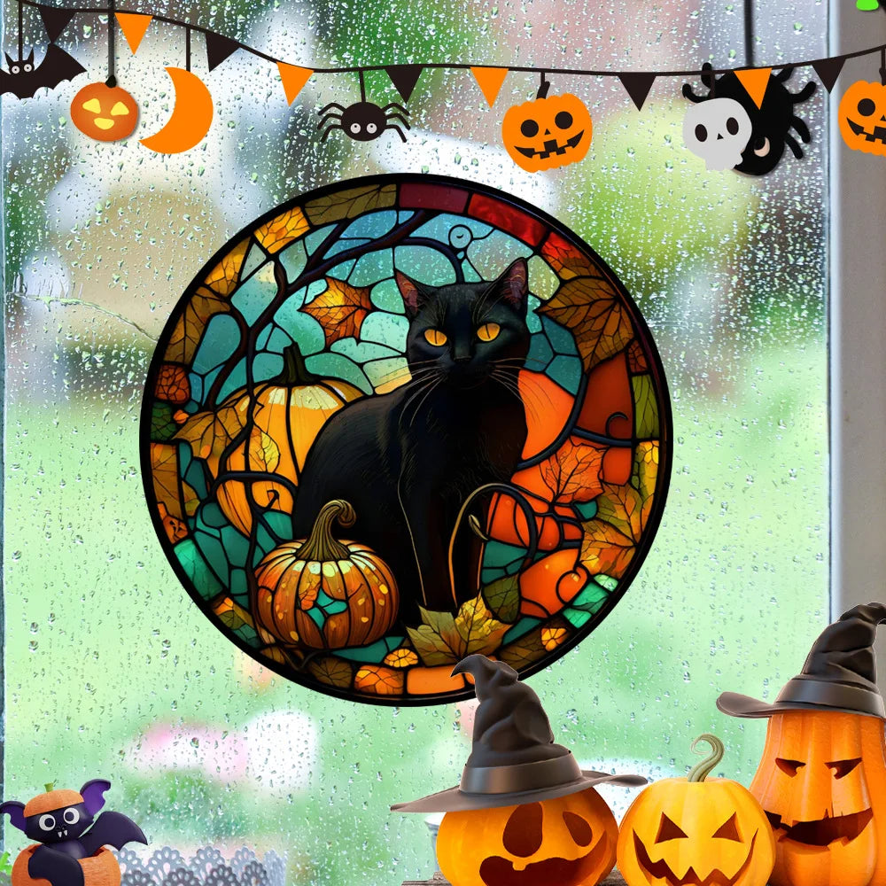 Halloween manchado de terror colorido castelo gato estático pvc janela adesivos de vidro cola grátis decorativo partido em casa decoração