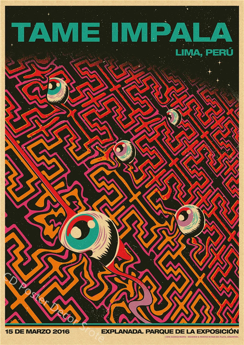 Poster psychedelic psychedelic jinak band rock band kraft poster kertas vintage ruang rumah bar kafe dekorasi estetika seni dinding lukisan