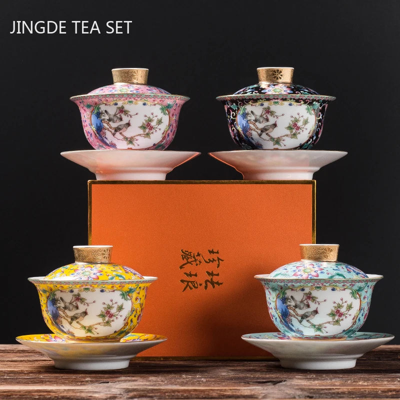 جينغدتشن المينا اللون السيراميك Gaiwan طقم شاي صيني Sancai وعاء الشاي المحمولة مع غطاء فنجان الشاي المنزلية المخصصة الشاي