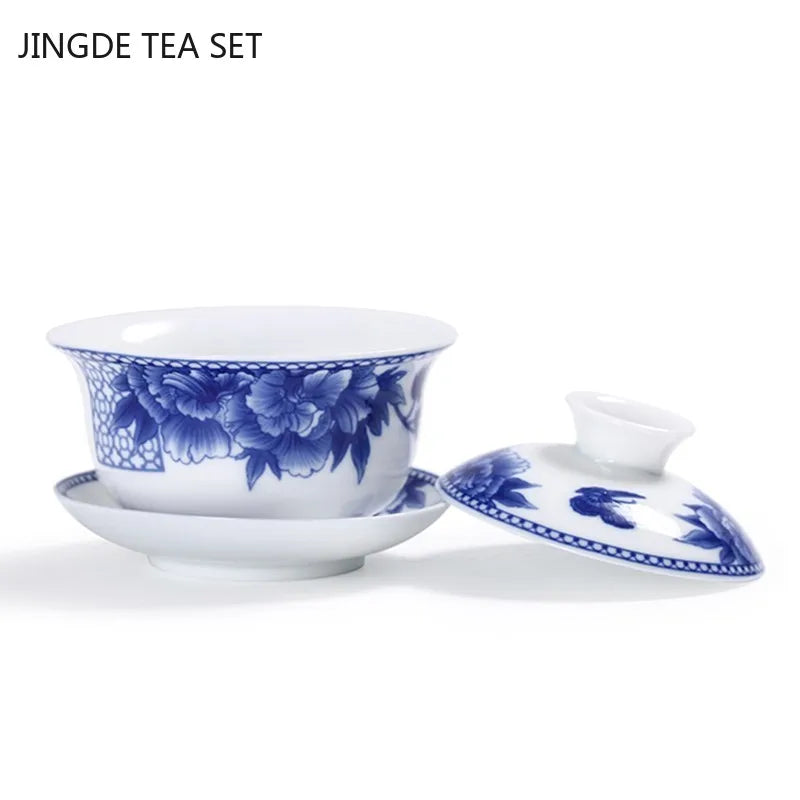 Jingdezhen hvid porcelæn gaiwan te cup blå og hvid porcelæn te maker keramisk håndmalet te skål te sæt forsyninger