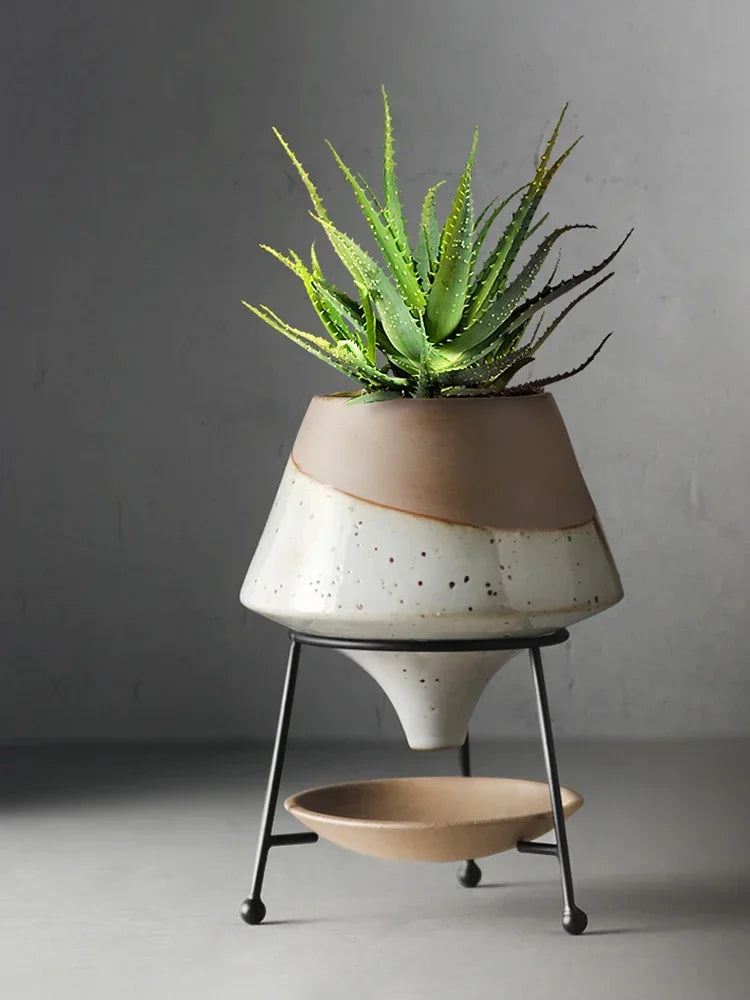 Nordic Simple Wors Iron Stoneware Bunga Set Rumah Bunga Succulent Pot Kreatif Seramik Ruang Tamu Rumah Hiasan Vas