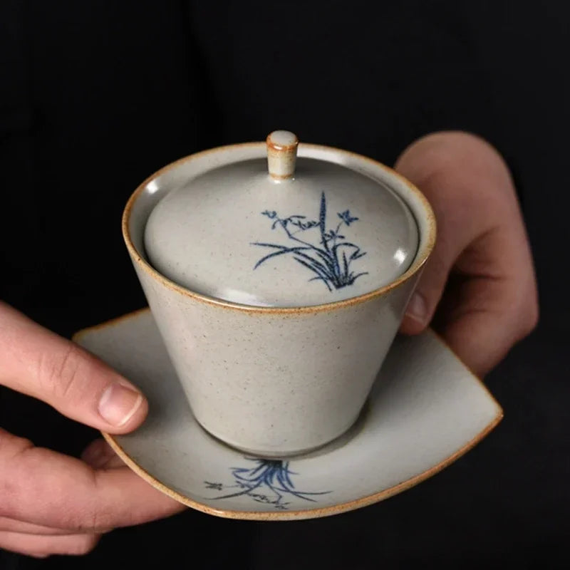 Porcelanowy gajwan z trawy i drewna, ręcznie malowana miska pojedyncza ceremonii, piec pieczony, zestaw herbaty kung fu, mały rozmiar, retro