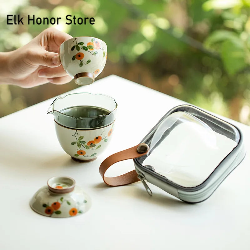 Reines handbemaltem Persimon Keramik Kung Fu Tee-Set tragbares Reiseporzellan Teaset Gaiwan Teetassen Teezeug mit Tragetasche