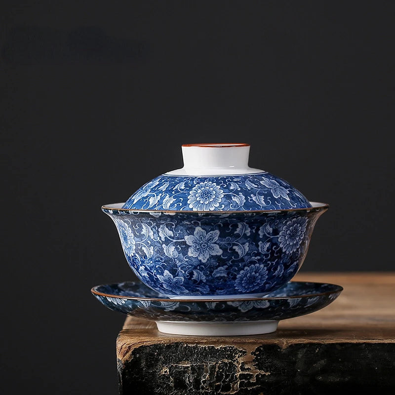 190ml Creative Blue and White Tea Bowl Large Ceramic Gaiwan Kung Fu Tea Set Tea Cup  White Porcelain Three Talents Tea Tureen