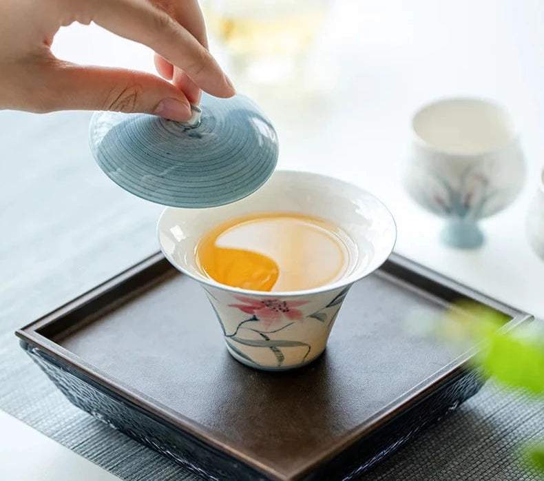 120ml čistě ručně malovaná ručně malovaná liliová květina gaiwan estetický malba modrý čaj mísa čaj čaj čaj