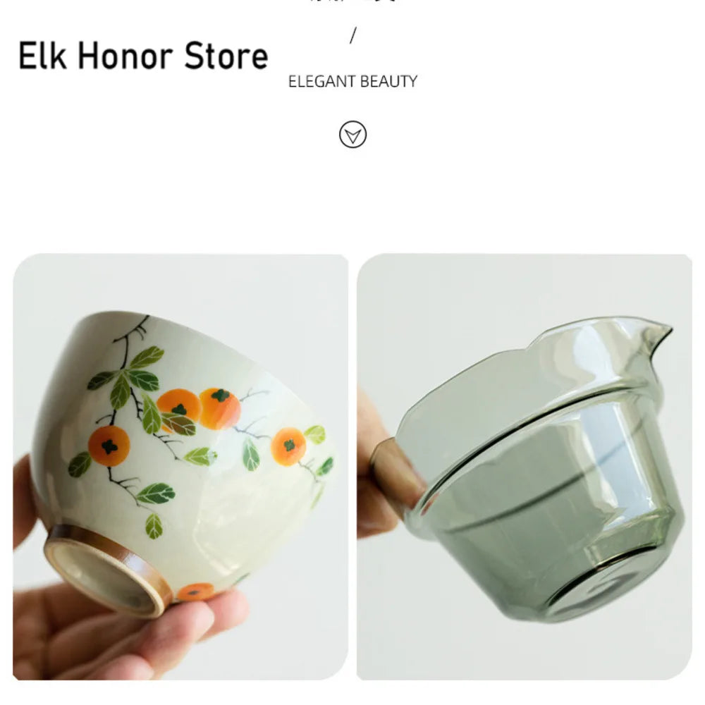 Pure Hand-painted Persimmon Ceramic Kung Fu Tea Set Portable Travel Porcelain Teaset Gaiwan Tea Cups Tea Tool with Carry Bag