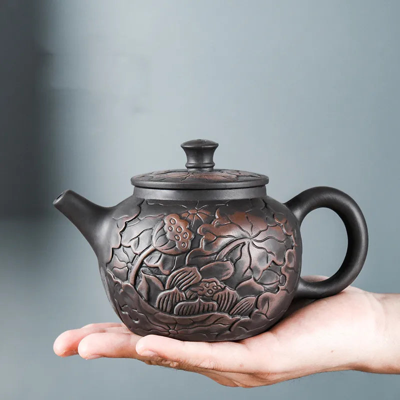 Yixing Teh Pot Ungu Tebal Tekuk Kecantikan Kettle Hitam Lumpur Tangan Tangan Diukir Lotus Ilustrasi Pot Rumah Teh Teh Handmade