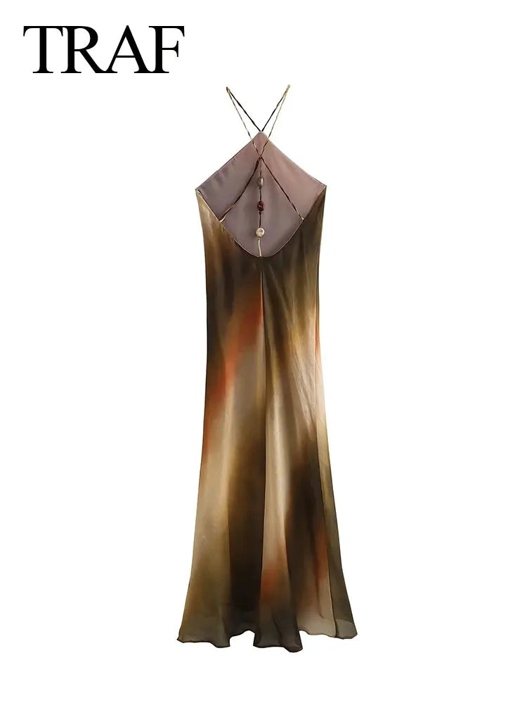 TRAF Summer Female Stylish Dress Fish Tail Hem Sleeveless High Waist Tie Dye Hanging Neck Open Back Women's Midi Elegant Dress