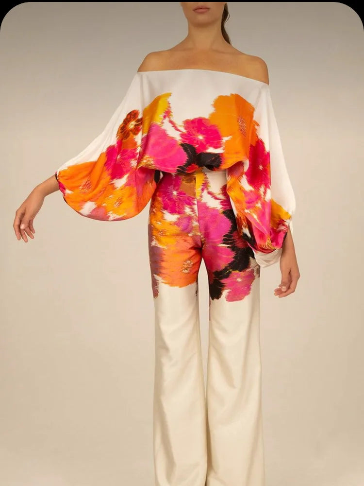 Fashion Print Satin 2 Piece Sets Women Casual Lantern Sleeve Off Shoulder Top Wide Leg Pants Suit Chic Blouse Office Lady Outfit