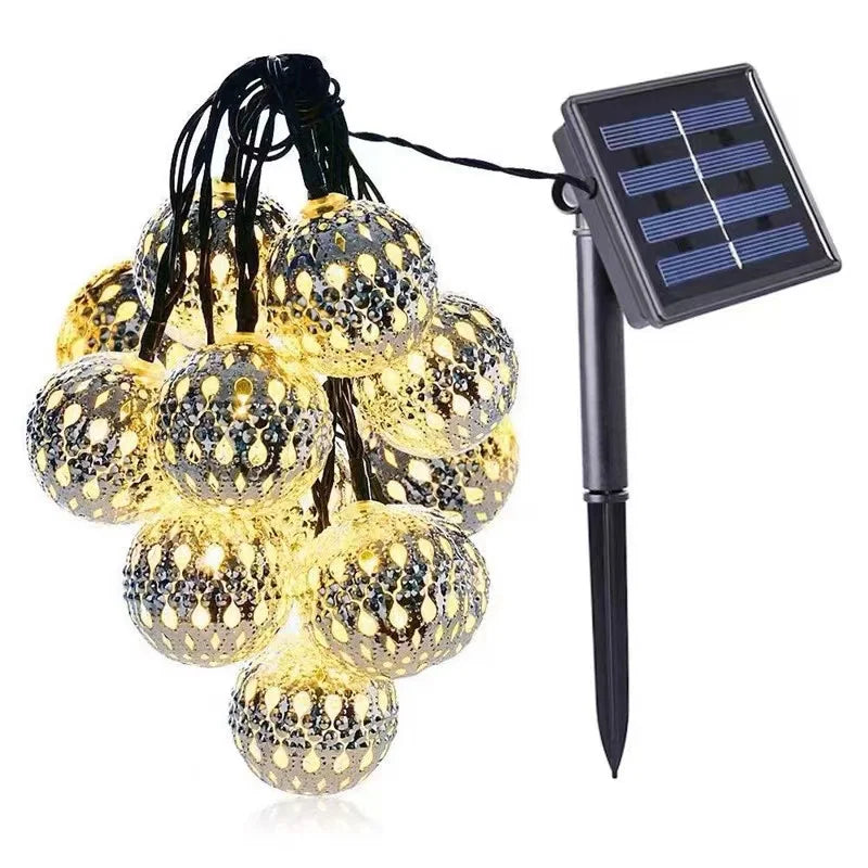 Solar LED String Lights Outdoor Iron Art Moroccan Ball LED String Lampu Gold Ball Silver Iron Round Ball