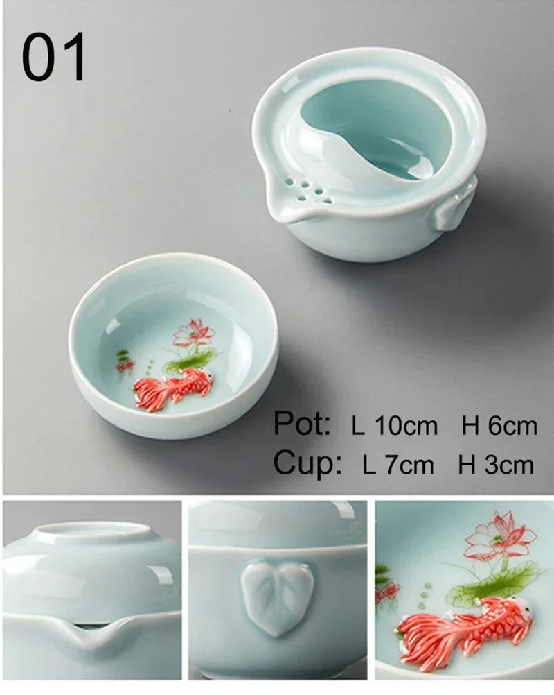 Celadon 3d Carp Kung Fu Tea 세트 1 찻 주전자 1 찻잔 1 찻잔 Gongfu 차 세트 컵과 머그잔 커피웨어 티웨어 찻잔 Gaiwan Cup