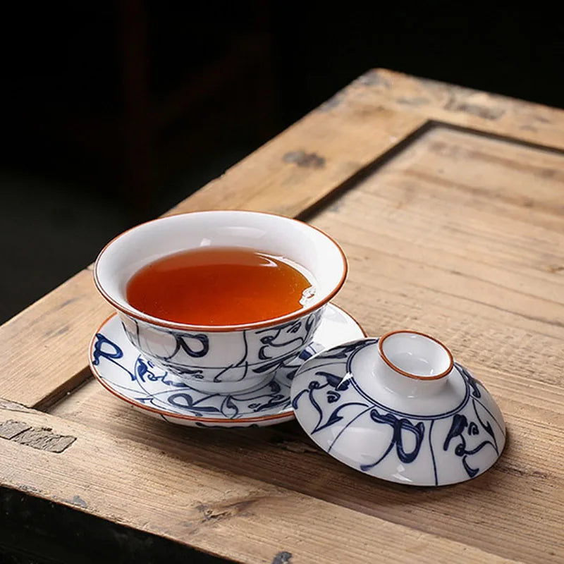 190 ml Creative Blue and White Tea Bowl Large Ceramic Gaiwan Kung Fu Tea Set Tea Cup White Porselein Three Talents Tea Tureen