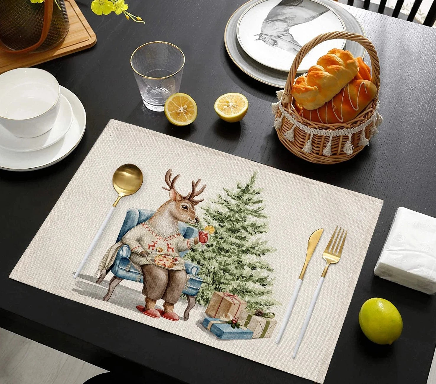 2023 크리스마스 트리 귀여운 동물 장식 플레이스 맨 리넨 식탁 매트 코스터 패드 보울 커피 컵 매트 식탁보 42x32cm