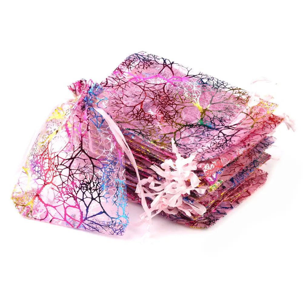 25 stk/parti 50stk/parti gavepose smykkeemballage Organza Drawstring Bag Multi-størrelse Farverige træer Printing Party Wedding Candy Bag