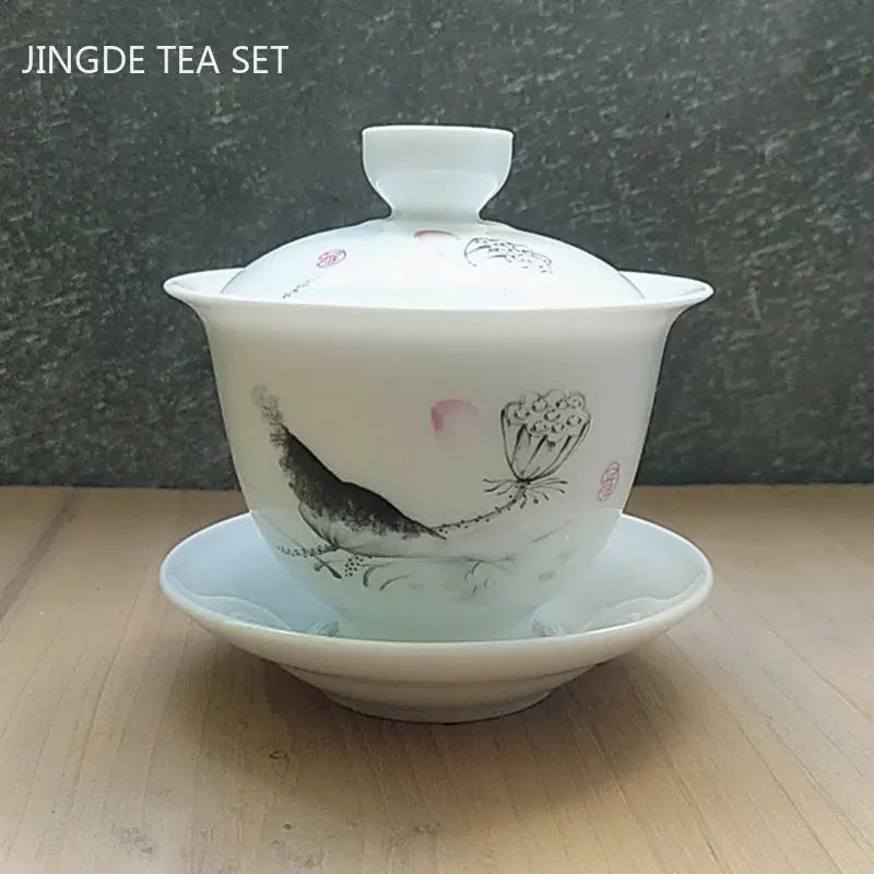 Cina biru dan putih porselin teh tureen mangkuk buatan tangan seramik buatan tangan perjalanan mudah alih gaiwan rumah teh set minuman 160ml