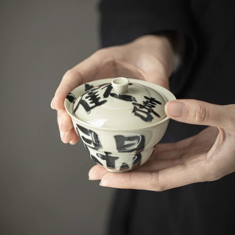 110 ml retro växt grå keramisk te turen handskriven konst kalebass täckskål te skål med täcke te maker gaiwan kung fu te set