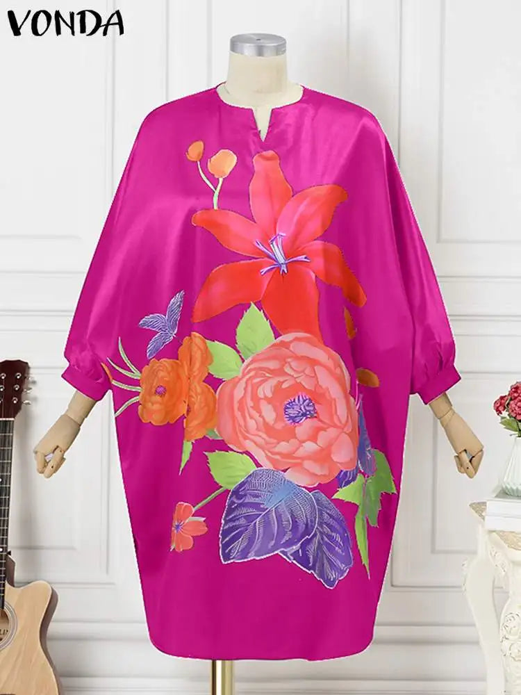 Plus Size 5XL VONDA Women Sundress 2024 Autumn Bohemian Floral Printed Elegant Midi Dress 3/4 Bat Sleeve Casual Loose Retro Robe