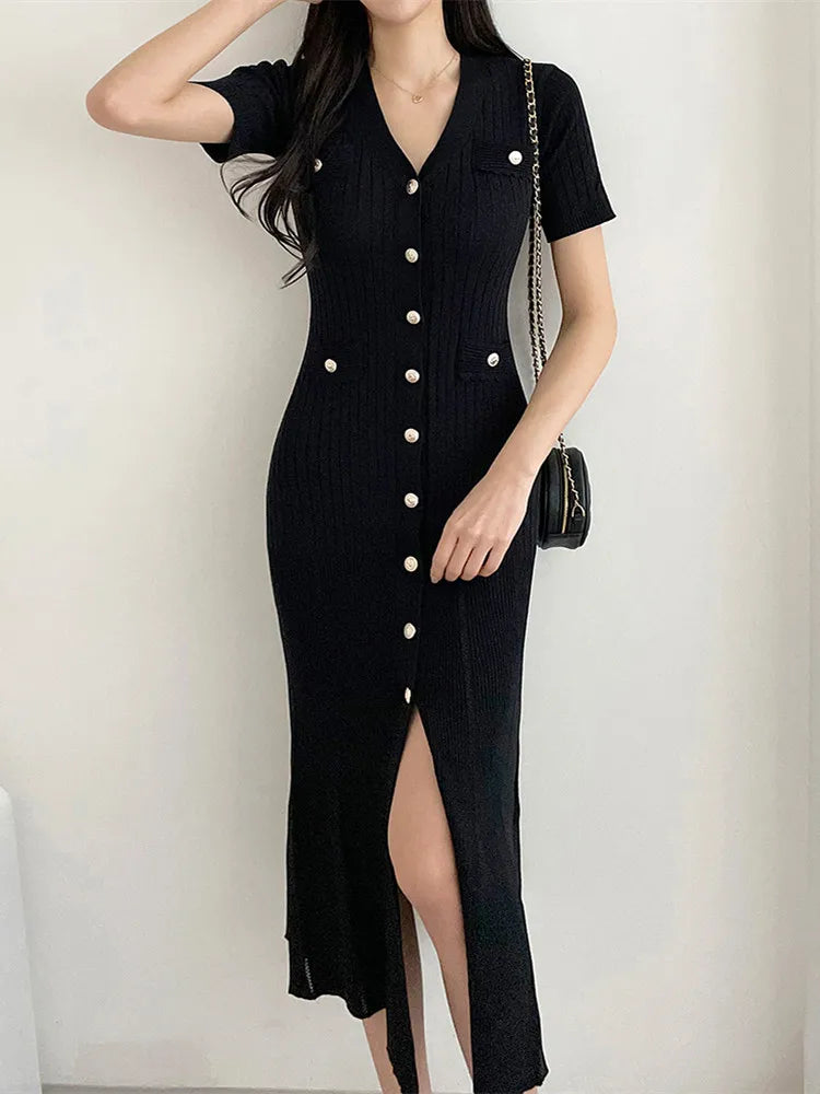 Summer Midi Dress Women Knitted Black Bodycon Korea Style Ruffle Ladies Dresses Elegant Fashion Casual Woman Dress 2023