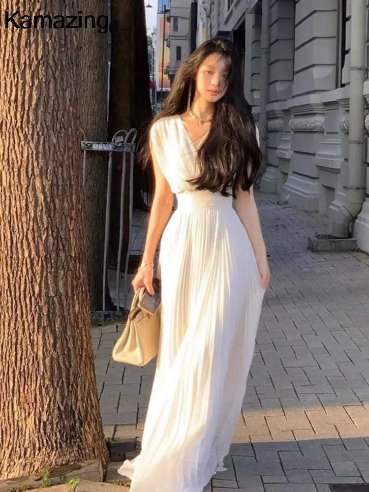 2024 Summer Solid Pleats Long Dresses French Elegant V Neck Holiday Party Vestidos Women High Waist Wedding Robe Ladies Clothes
