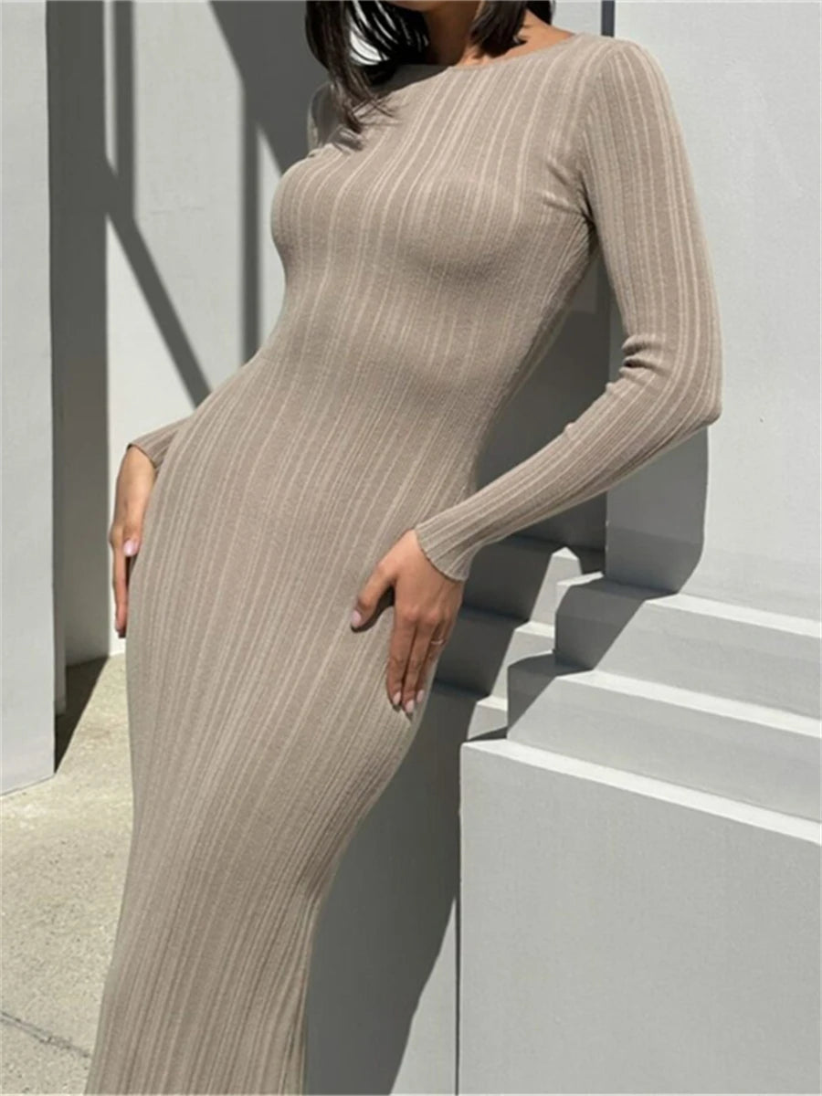 wsevypo Fall Casual Knit Ribbed Bodycon Long Dress Simple Style Solid Color Long Sleeve O Neck Wrapped Pencil Dress Street Party