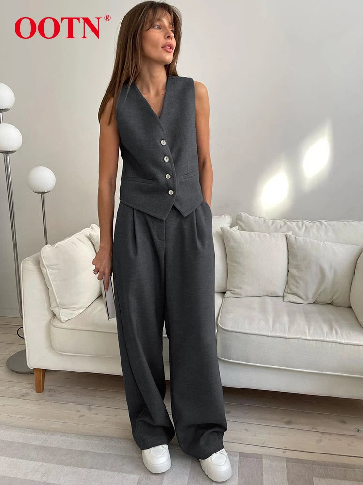 OOTN Elegant Gray V Neck Tank Tops Suits Summer Pleated Long Pants Sleeveless Button Up Tops Two Piece Sets Khaki Office Outfits
