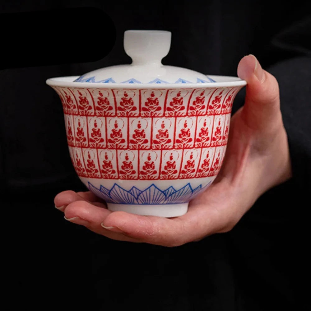 150 ml blau und weißer Buddha Gaiwan Boutique Tee Schüssel Handgriff Schüssel Tee Tureen Tea Maker Cover Schüssel Chinesische Tee -Set Orumament