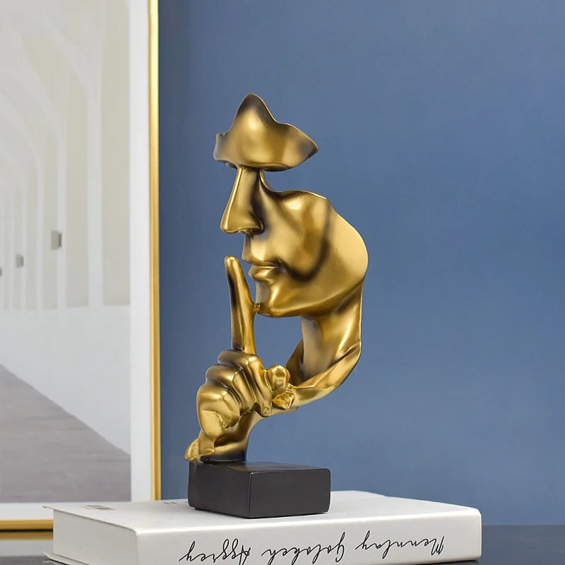 Thinker Staty Sculpture Silence är guldfigurer harts retro heminredning för kontorsstudie vardagsrum abstrakt ansiktsornament