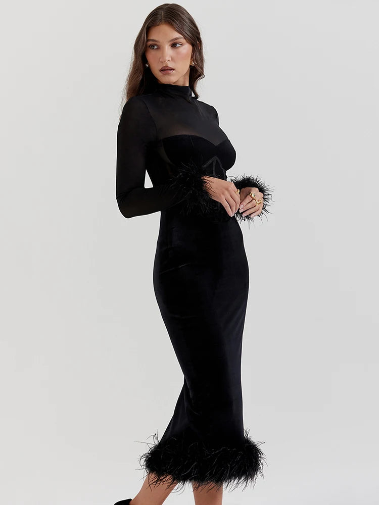 Mozision Elegant Feather Sexy Midi Dress For Women Black Fashion Sheer Long Sleeve Backless Bodycon Club Party Long Dress