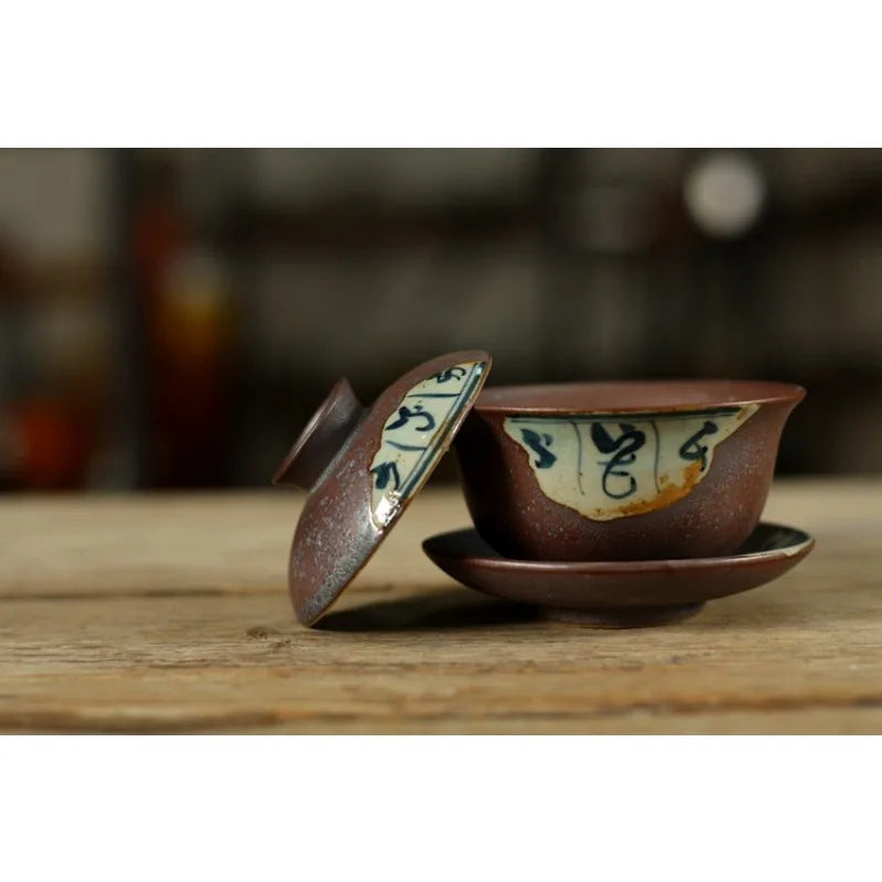 120ml Antika Gaiwan Çay Pottery Tureen ile Kapak Kelime TeAweware Kung Fu Çay Töreni Set Kahve Bardakları Kaseler Vintage Chawan