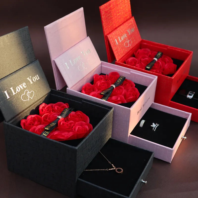 I Love You Heart Rose Gift Box for Women Girlfriend Christmas Gifts 2023 Novo em moda Caixa de jóias de anel de colar romântico